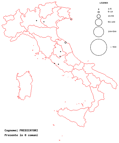 Mappa della distribuzione del cognome Predicatori sul territorio italiano.